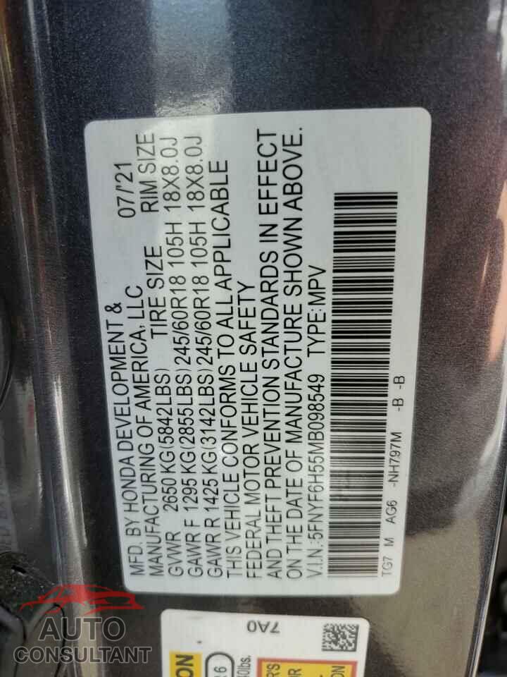 HONDA PILOT 2021 - 5FNYF6H55MB098549