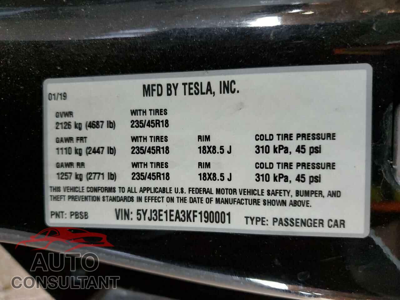 TESLA MODEL 3 2019 - 5YJ3E1EA3KF190001