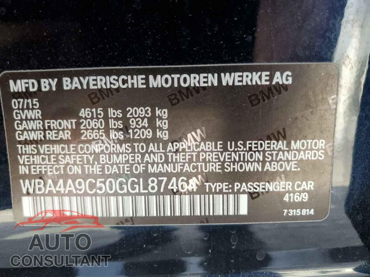 BMW 4 SERIES 2016 - WBA4A9C50GGL87464