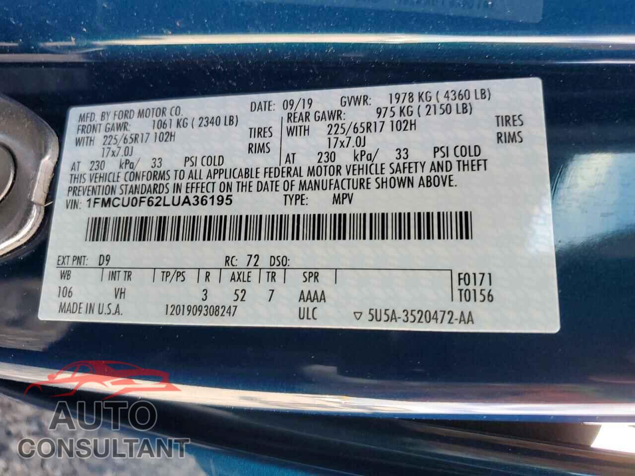 FORD ESCAPE 2020 - 1FMCU0F62LUA36195