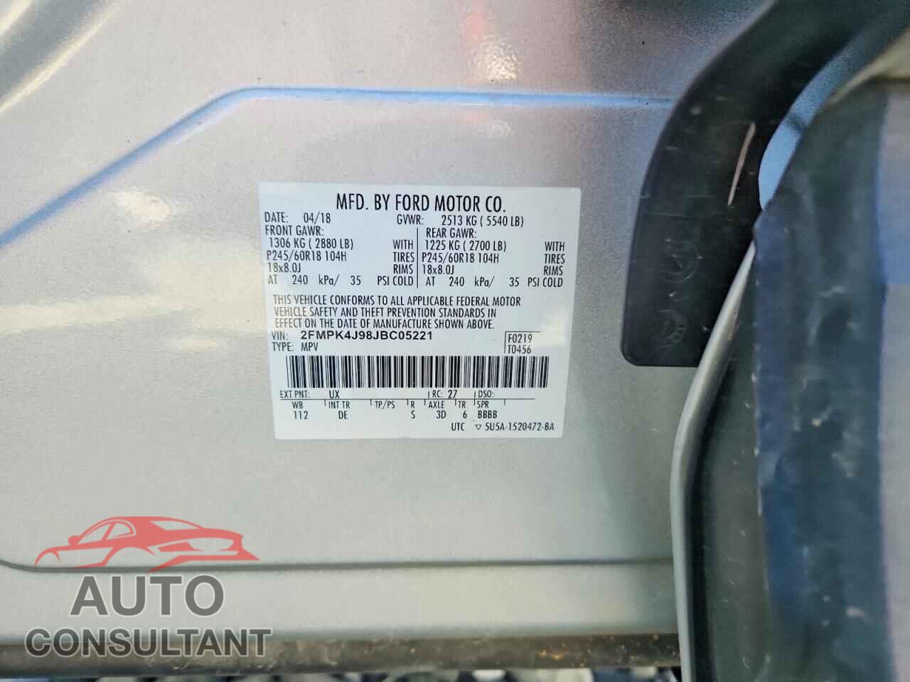 FORD EDGE 2018 - 2FMPK4J98JBC05221