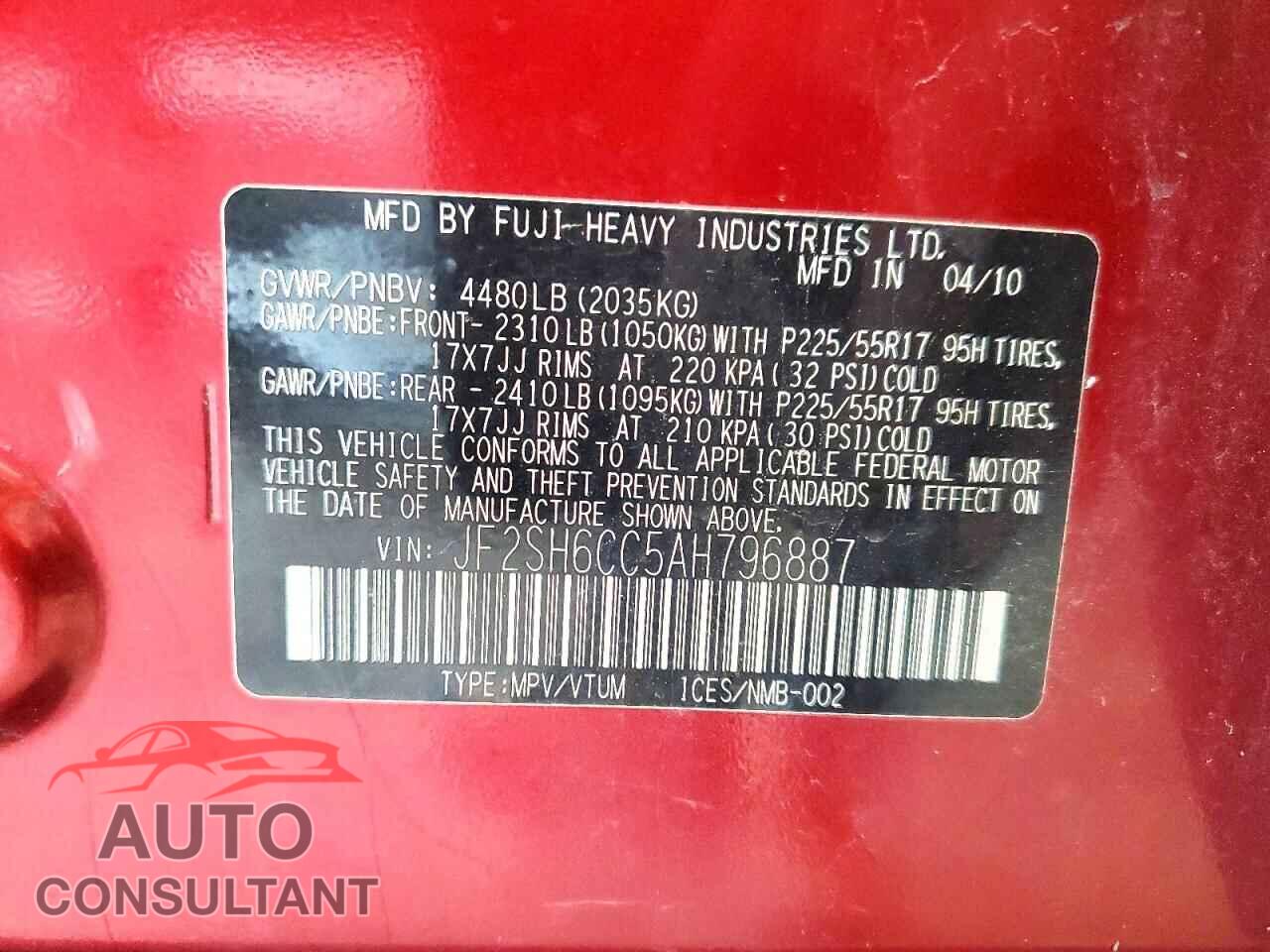 SUBARU FORESTER 2010 - JF2SH6CC5AH796887