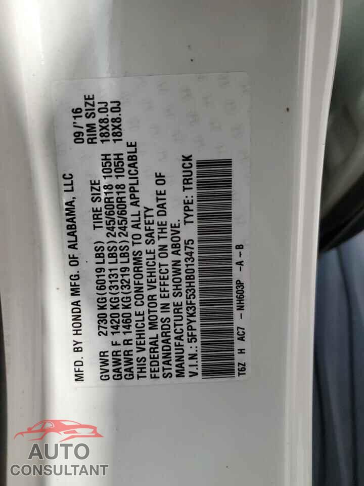HONDA RIDGELINE 2017 - 5FPYK3F53HB013475