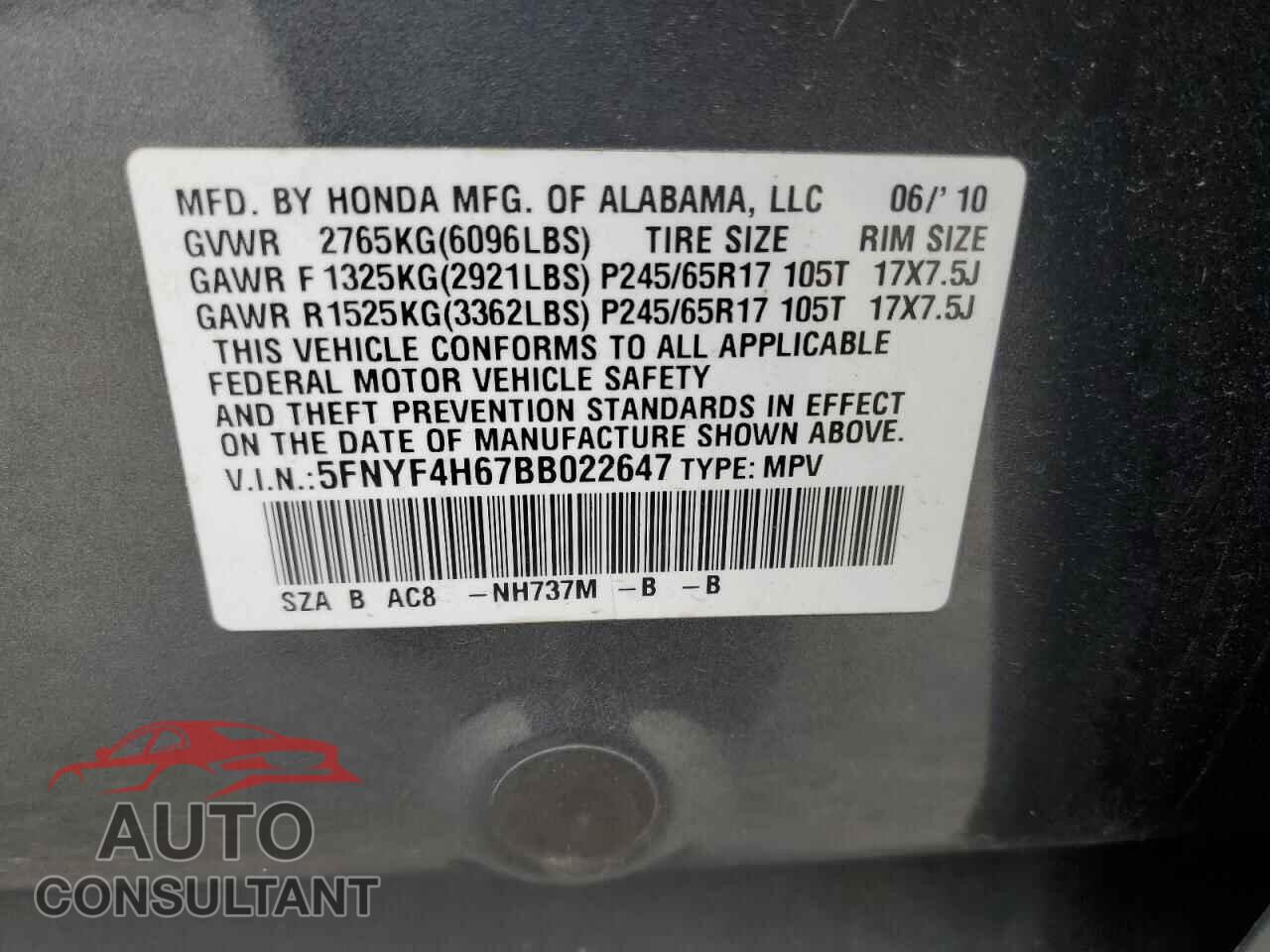 HONDA PILOT 2011 - 5FNYF4H67BB022647