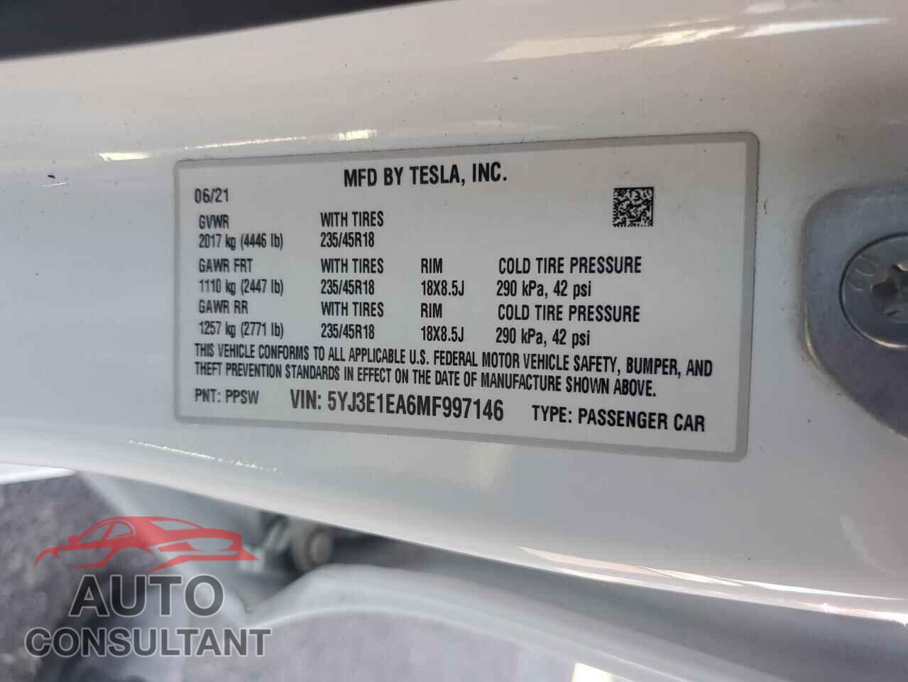 TESLA MODEL 3 2021 - 5YJ3E1EA6MF997146