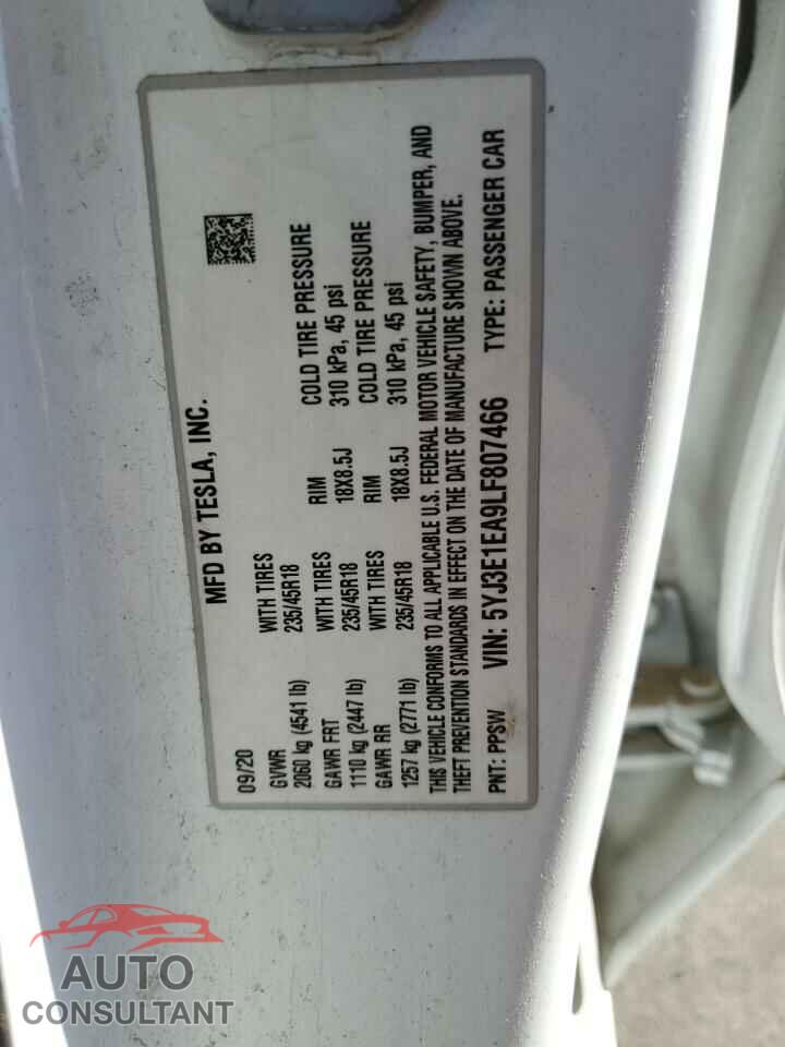 TESLA MODEL 3 2020 - 5YJ3E1EA9LF807466