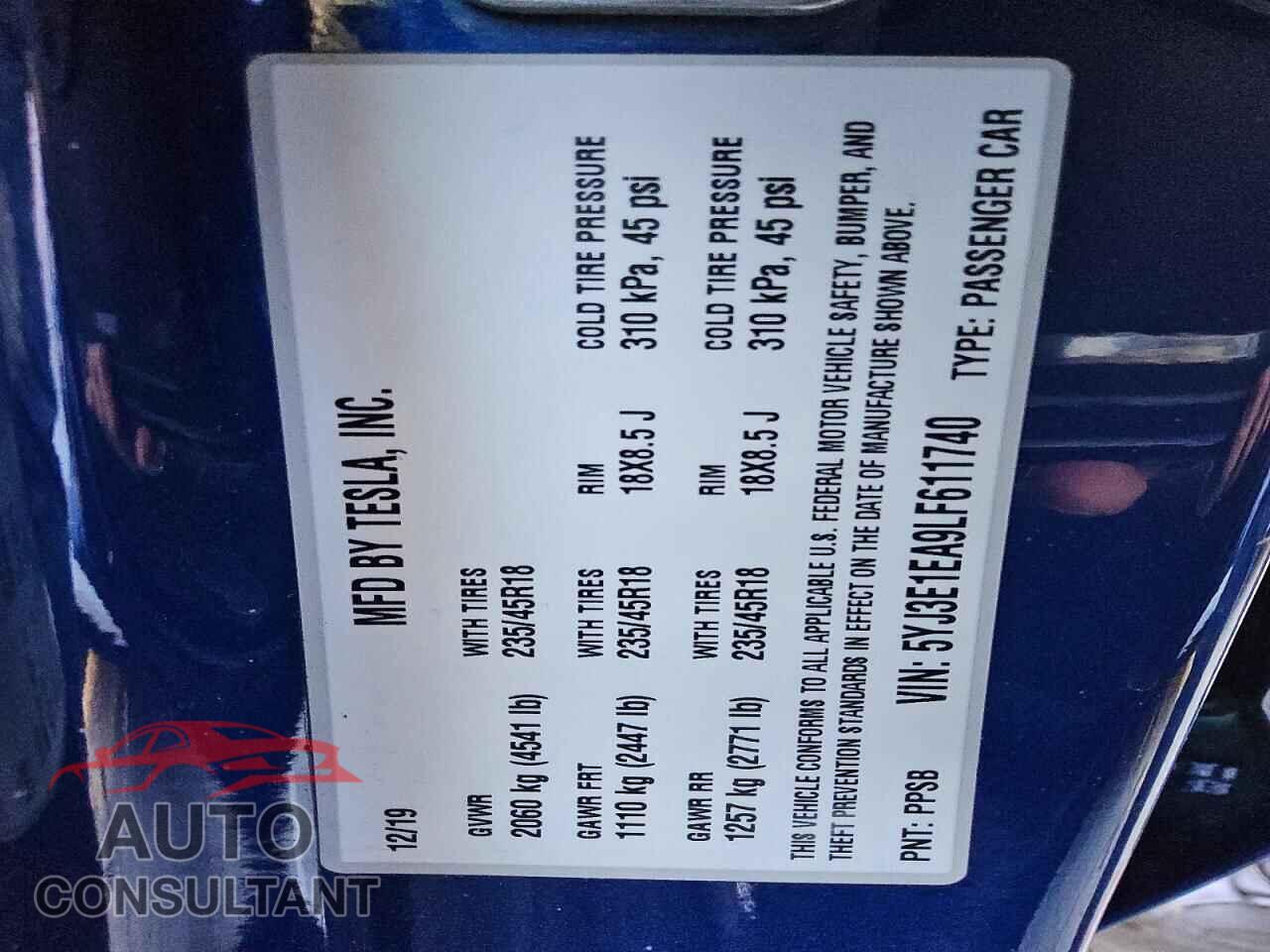 TESLA MODEL 3 2020 - 5YJ3E1EA9LF611740