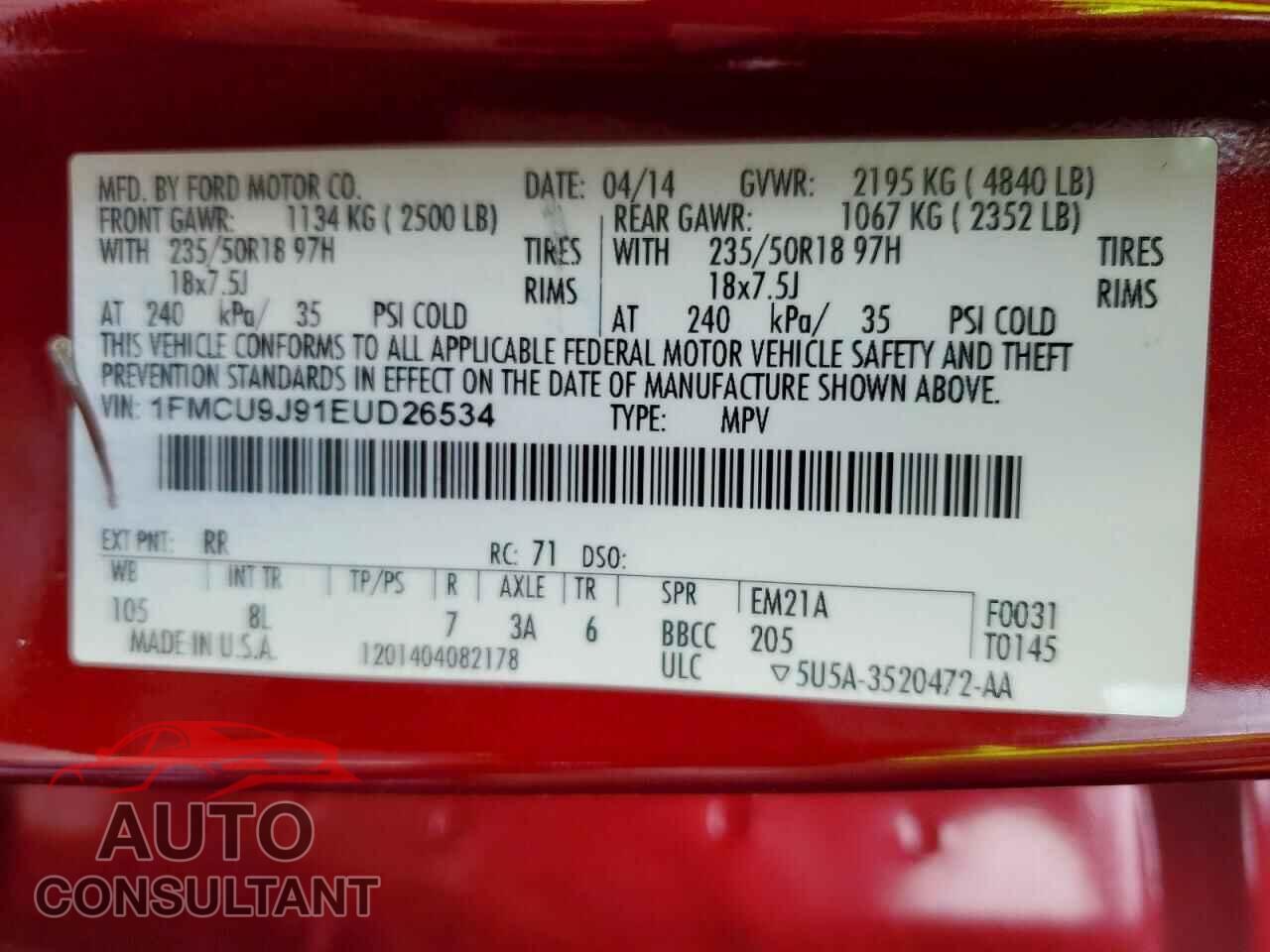 FORD ESCAPE 2014 - 1FMCU9J91EUD26534