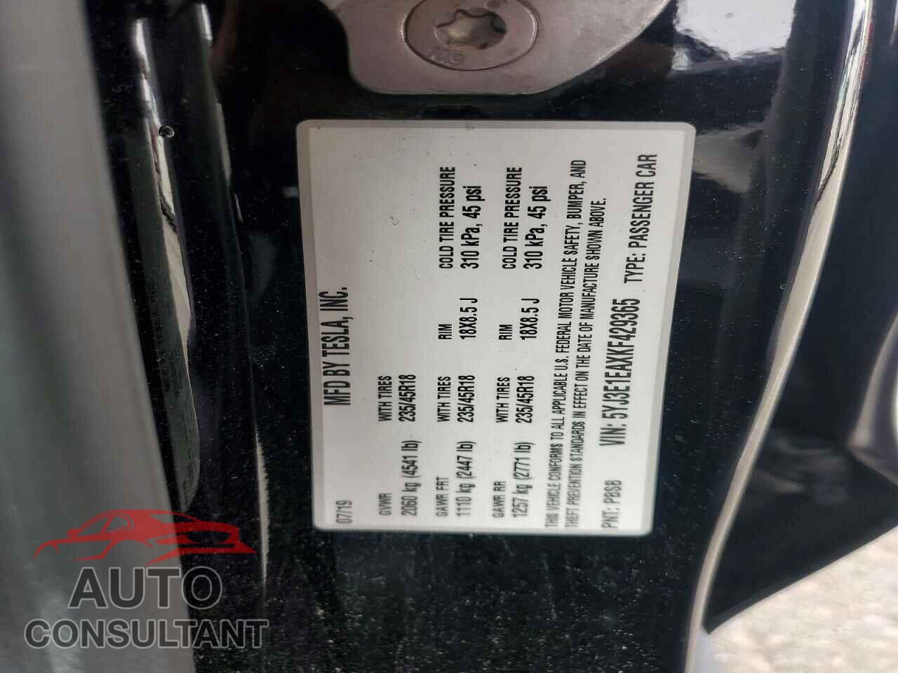 TESLA MODEL 3 2019 - 5YJ3E1EAXKF429365