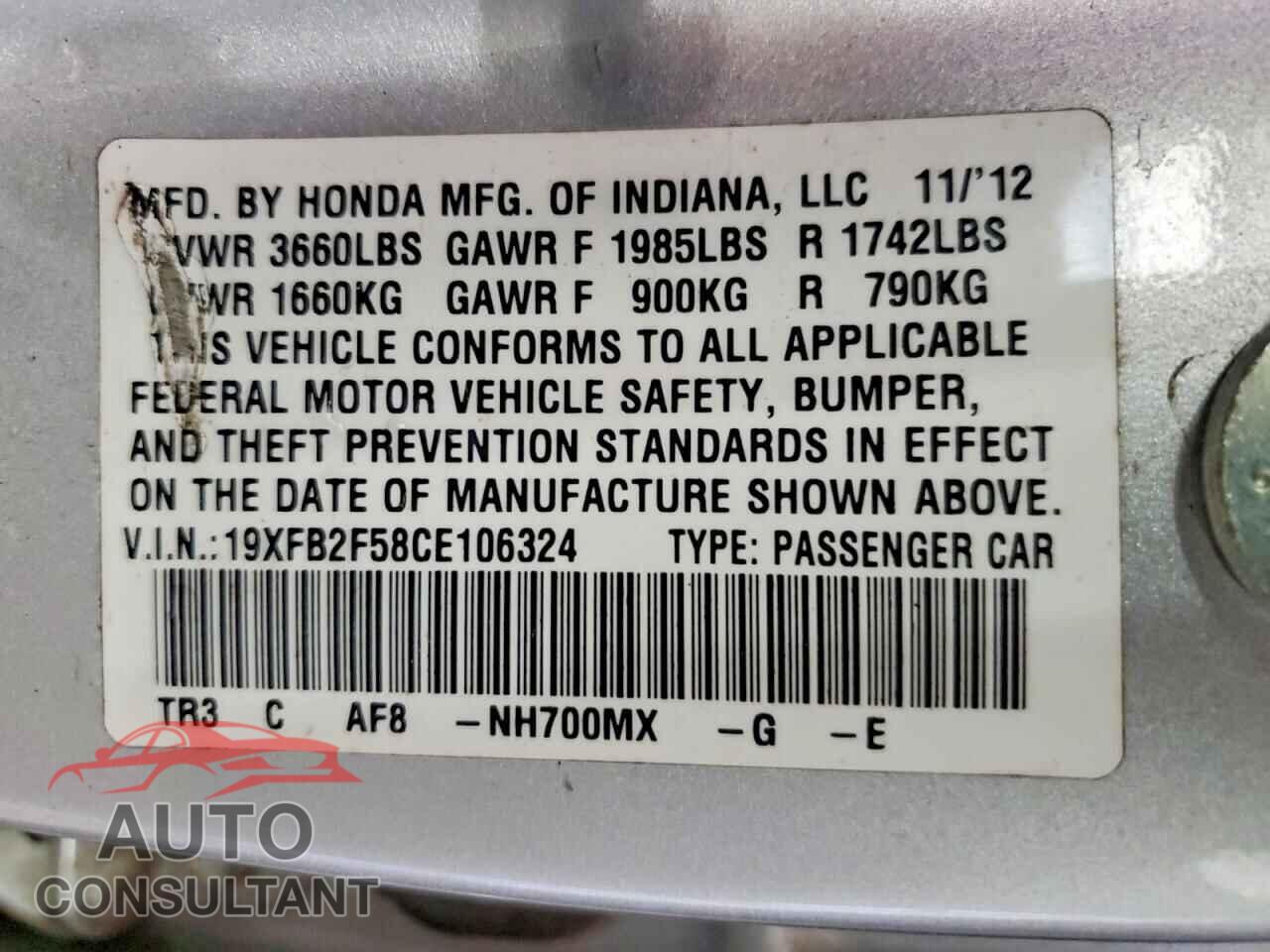 HONDA CIVIC 2012 - 19XFB2F58CE106324