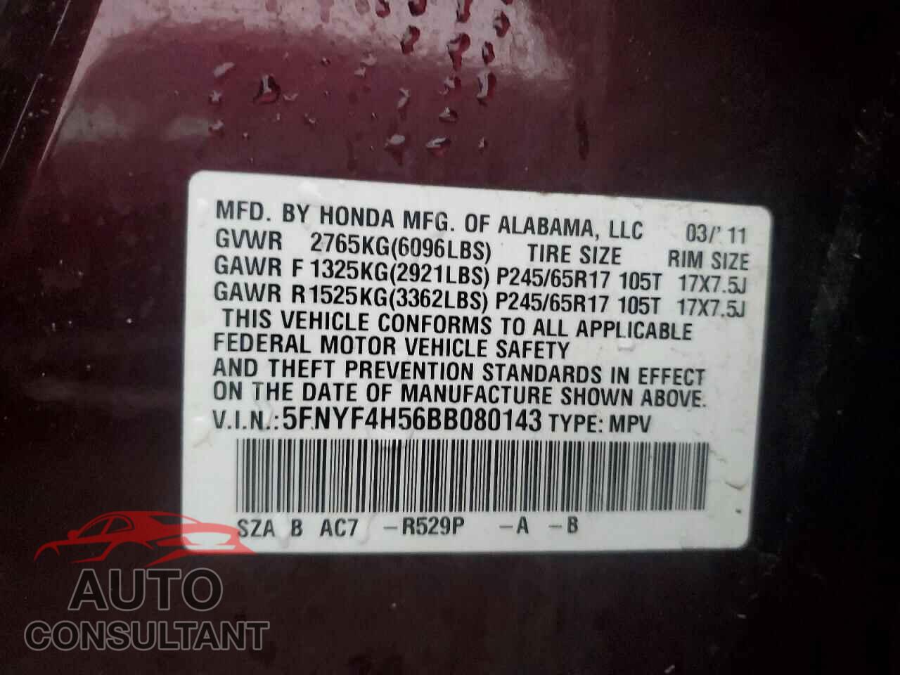 HONDA PILOT 2011 - 5FNYF4H56BB080143