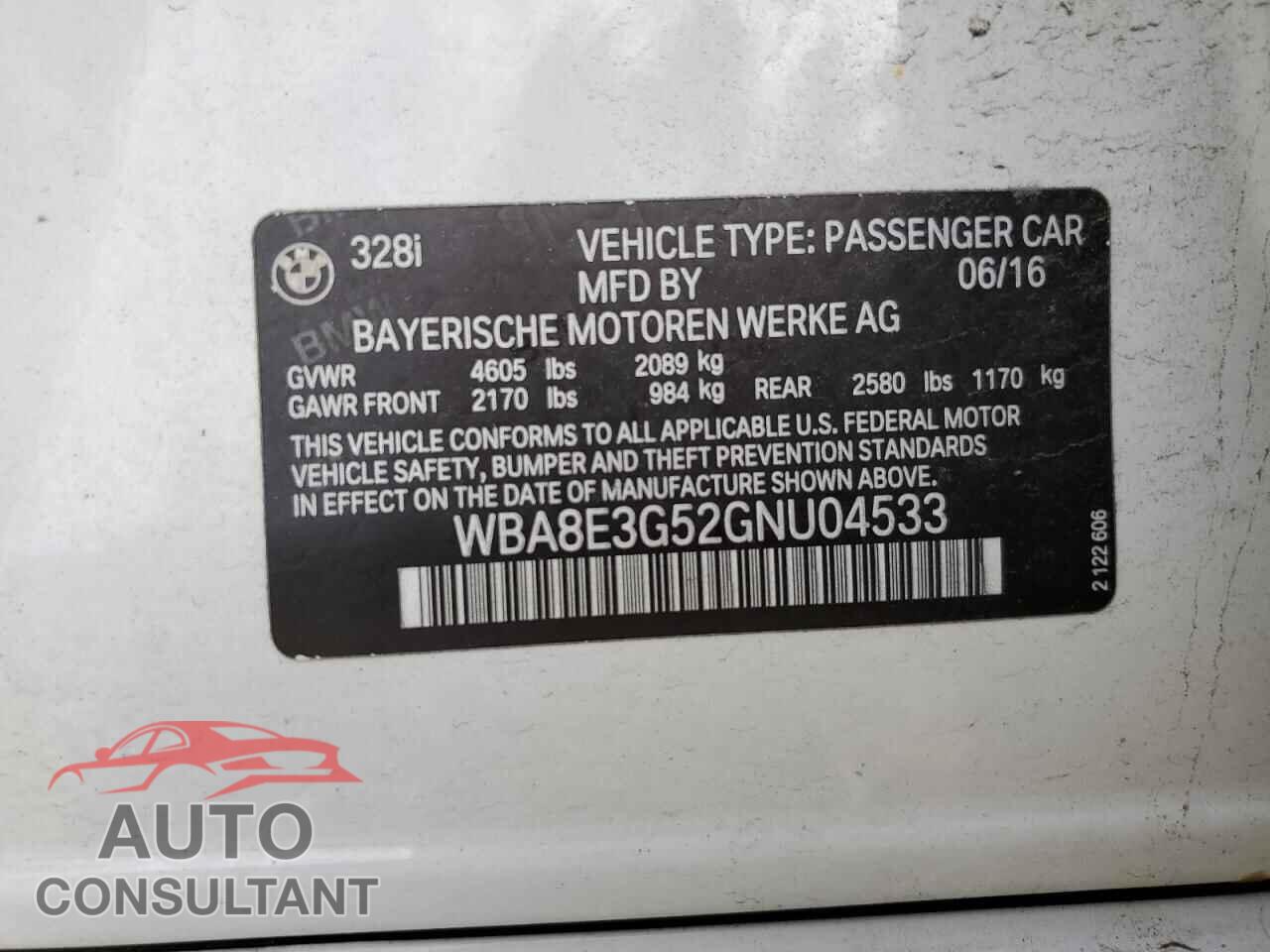 BMW 3 SERIES 2016 - WBA8E3G52GNU04533