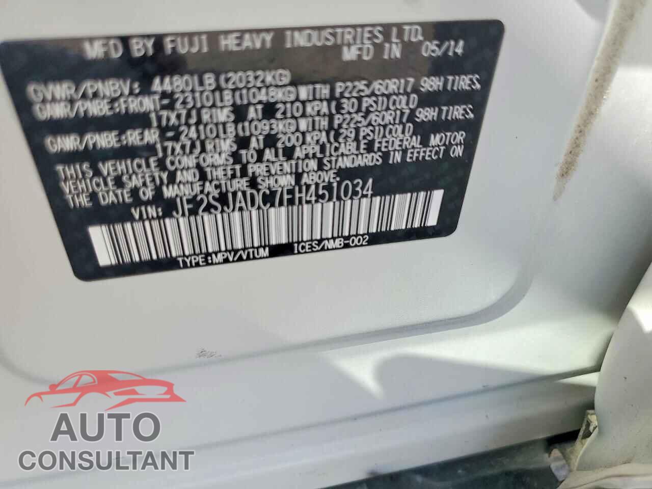 SUBARU FORESTER 2015 - JF2SJADC7FH451034