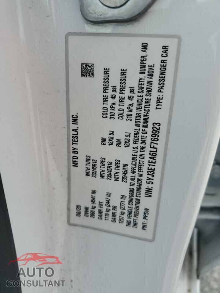 TESLA MODEL 3 2020 - 5YJ3E1EA6LF769923