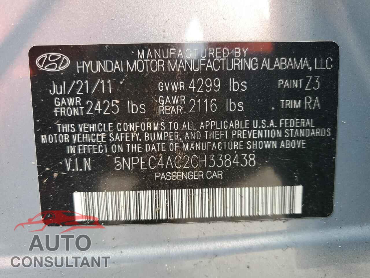 HYUNDAI SONATA 2012 - 5NPEC4AC2CH338438