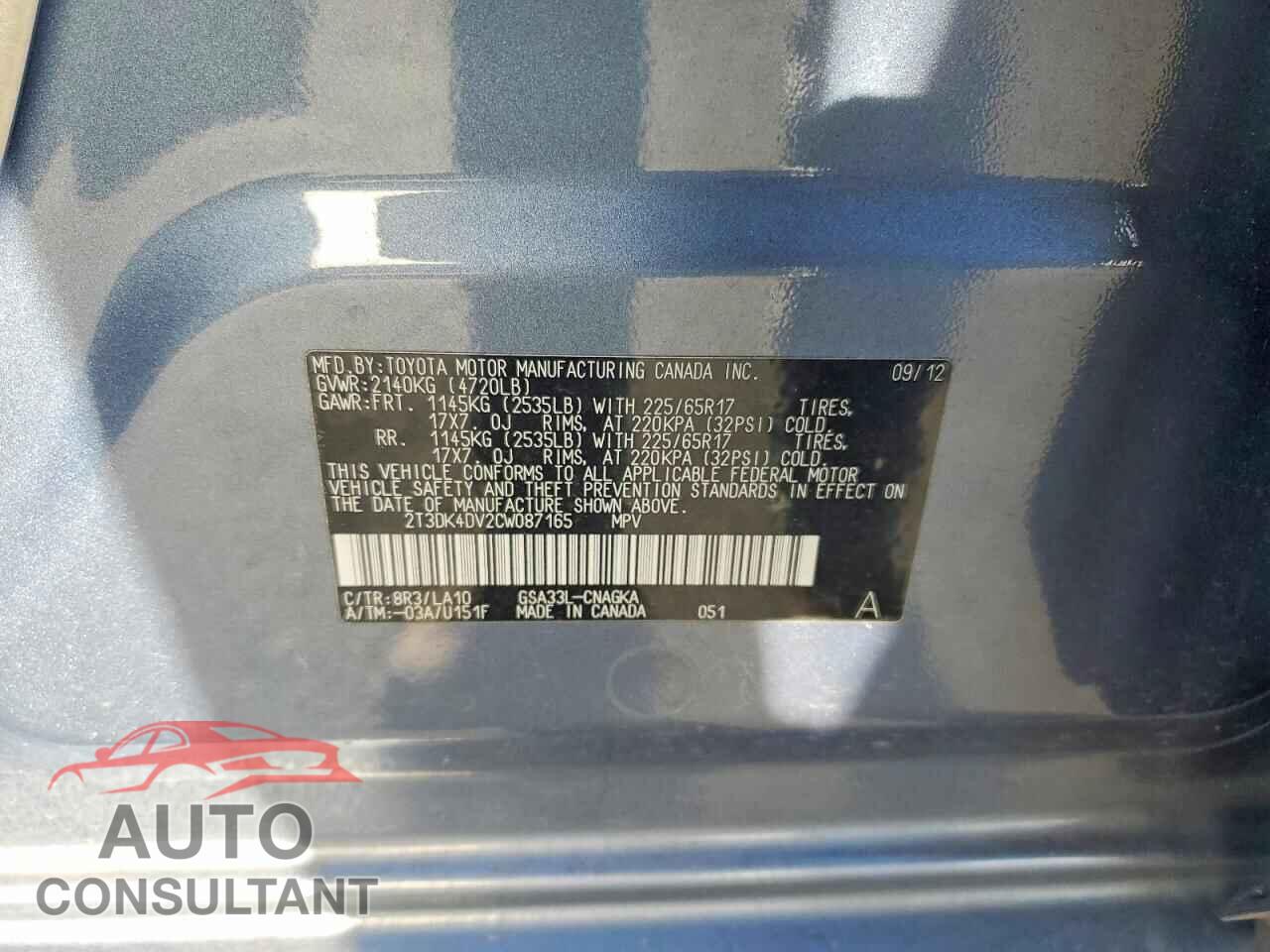 TOYOTA RAV4 2012 - 2T3DK4DV2CW087165