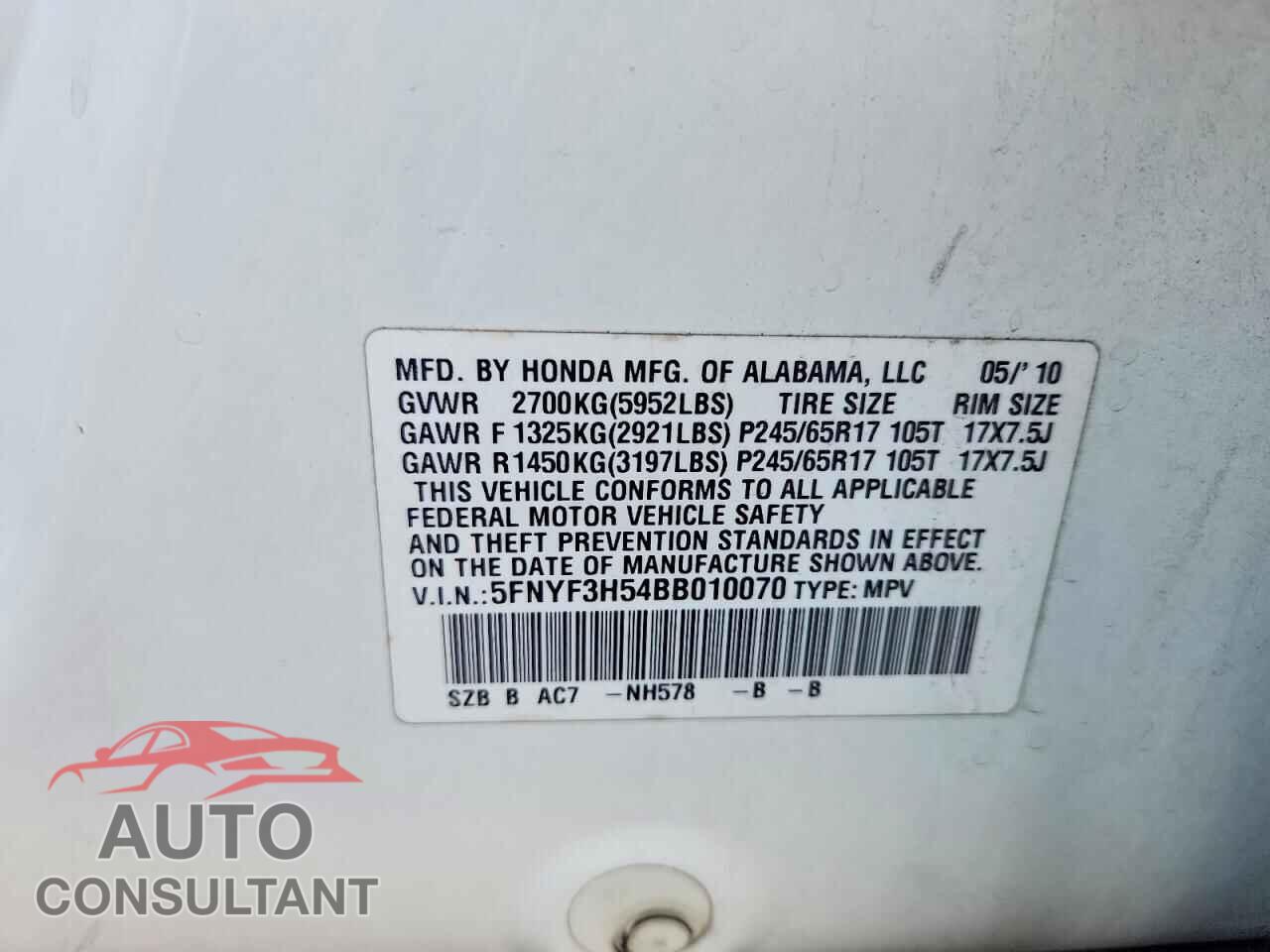 HONDA PILOT 2011 - 5FNYF3H54BB010070