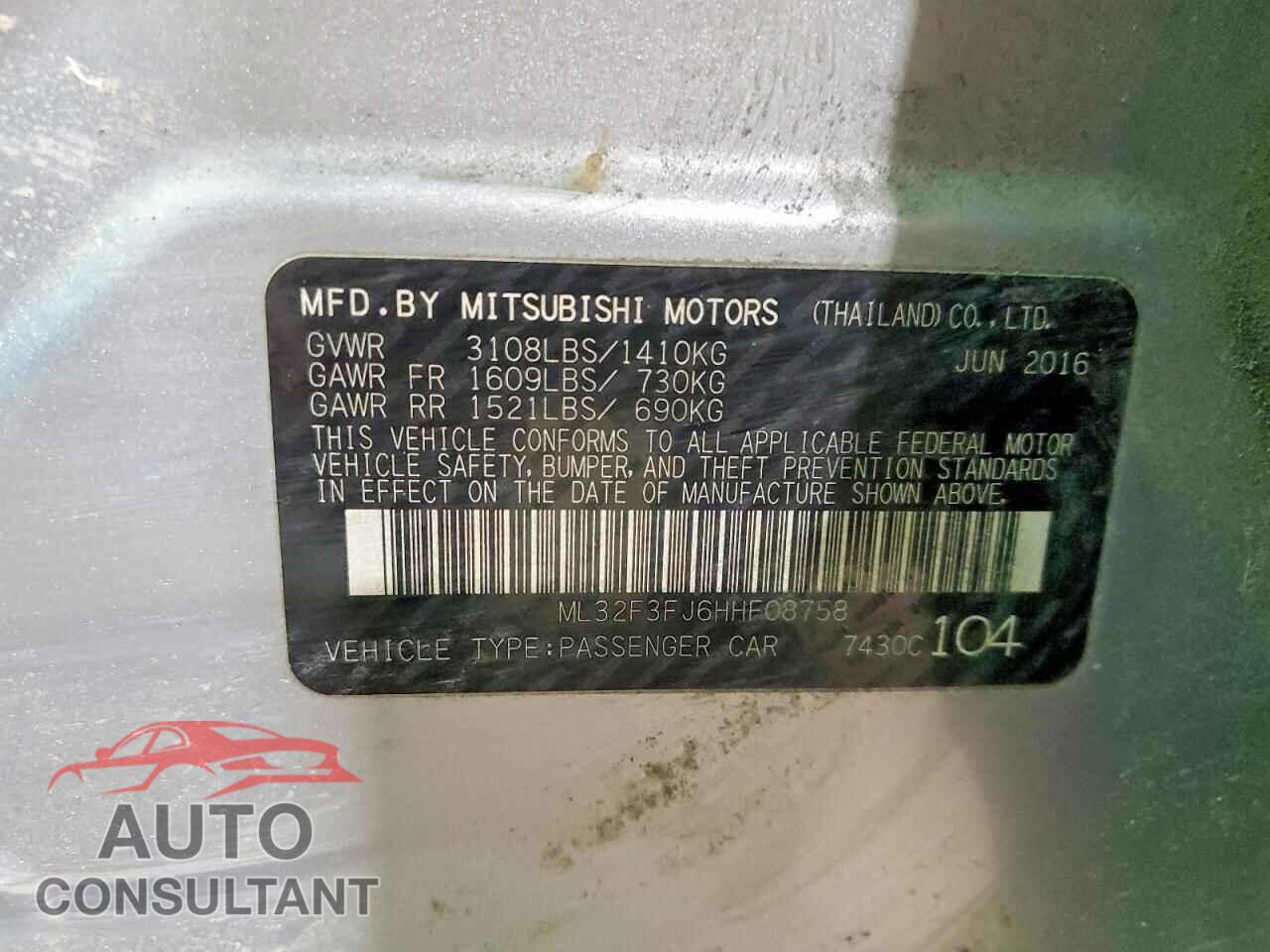 MITSUBISHI MIRAGE 2017 - ML32F3FJ6HHF08758