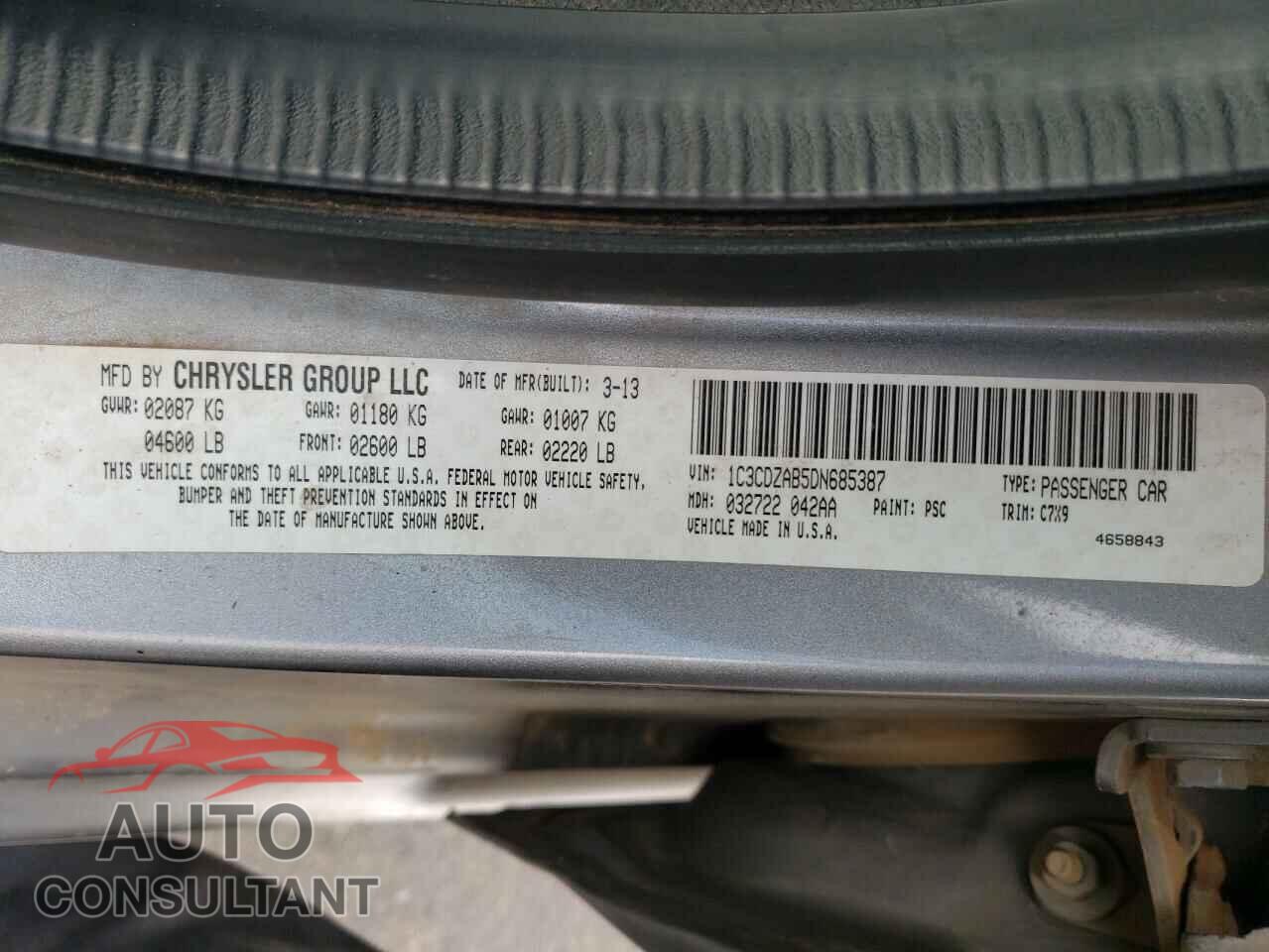 DODGE AVENGER 2013 - 1C3CDZAB5DN685387
