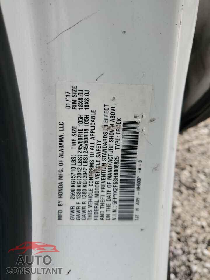 HONDA RIDGELINE 2017 - 5FPYK2F68HB008825