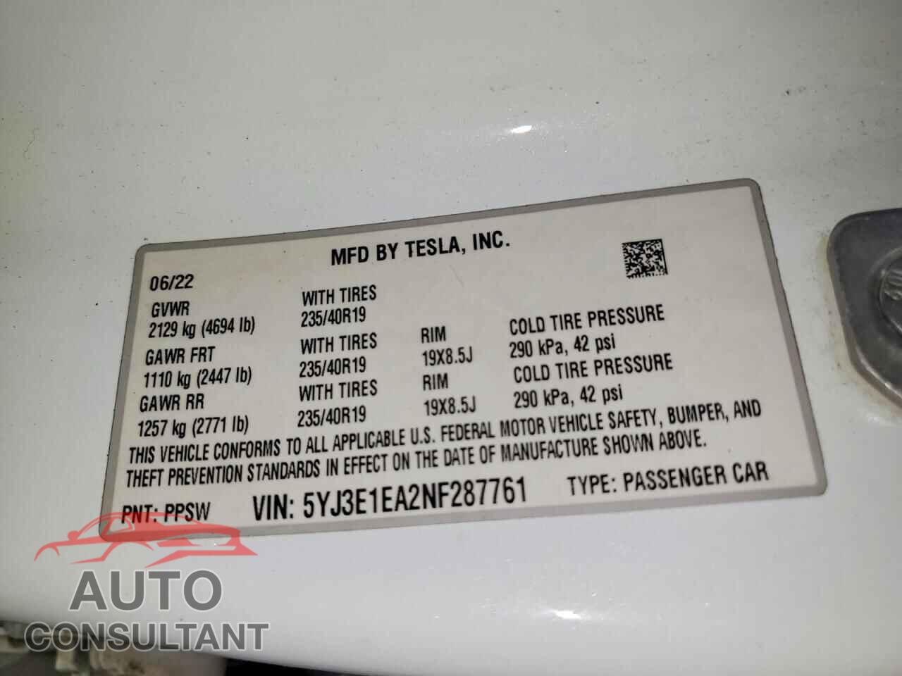 TESLA MODEL 3 2022 - 5YJ3E1EA2NF287761