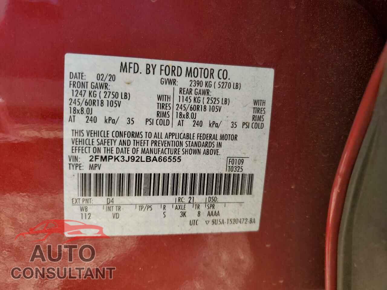 FORD EDGE 2020 - 2FMPK3J92LBA66555