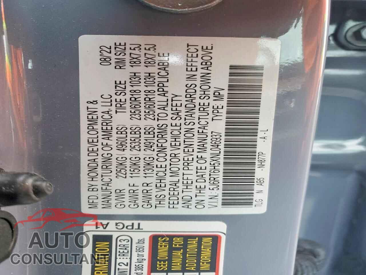 HONDA CRV 2022 - 5J6RT6H5XNL046937