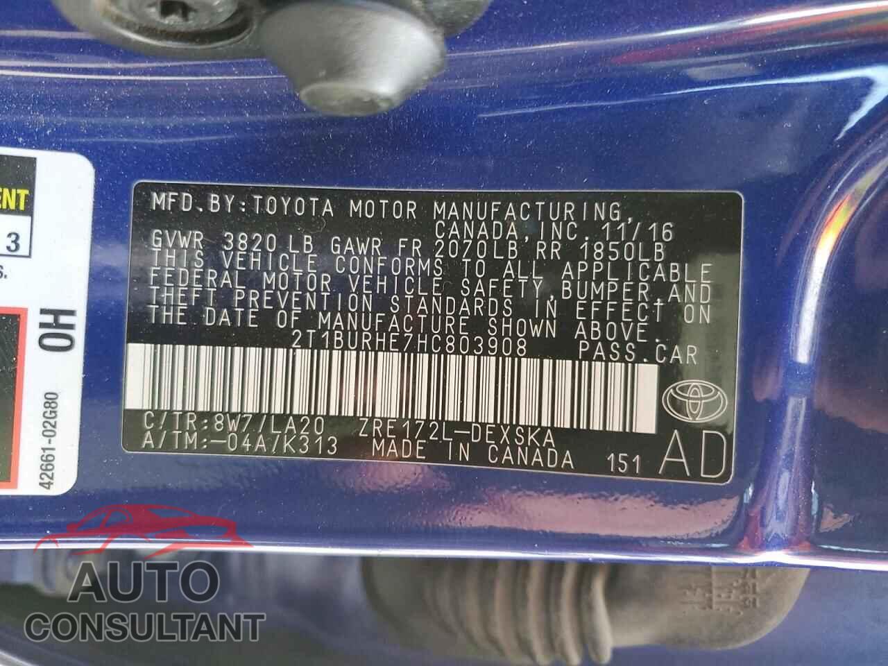 TOYOTA COROLLA 2017 - 2T1BURHE7HC803908
