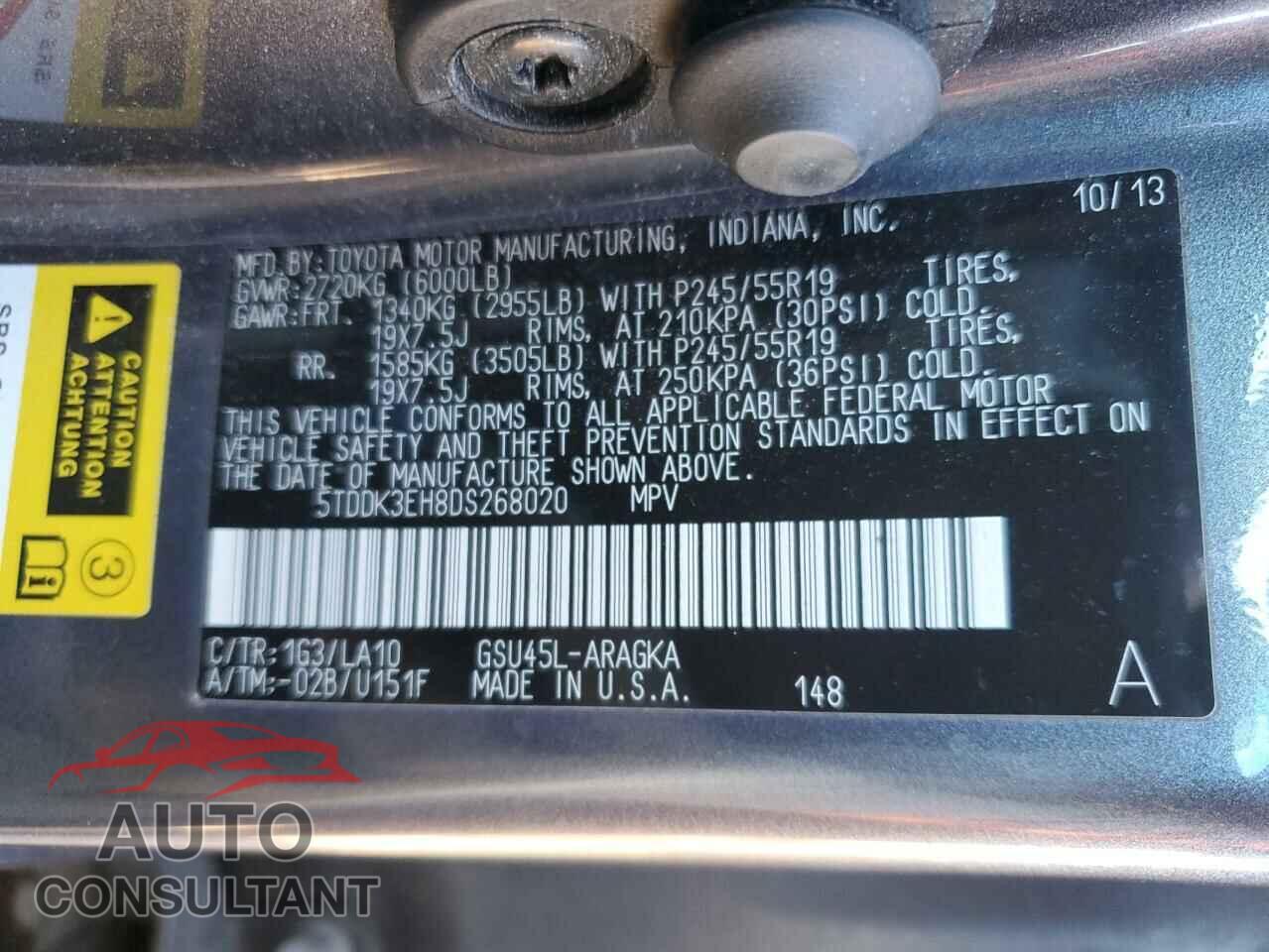 TOYOTA HIGHLANDER 2013 - 5TDDK3EH8DS268020