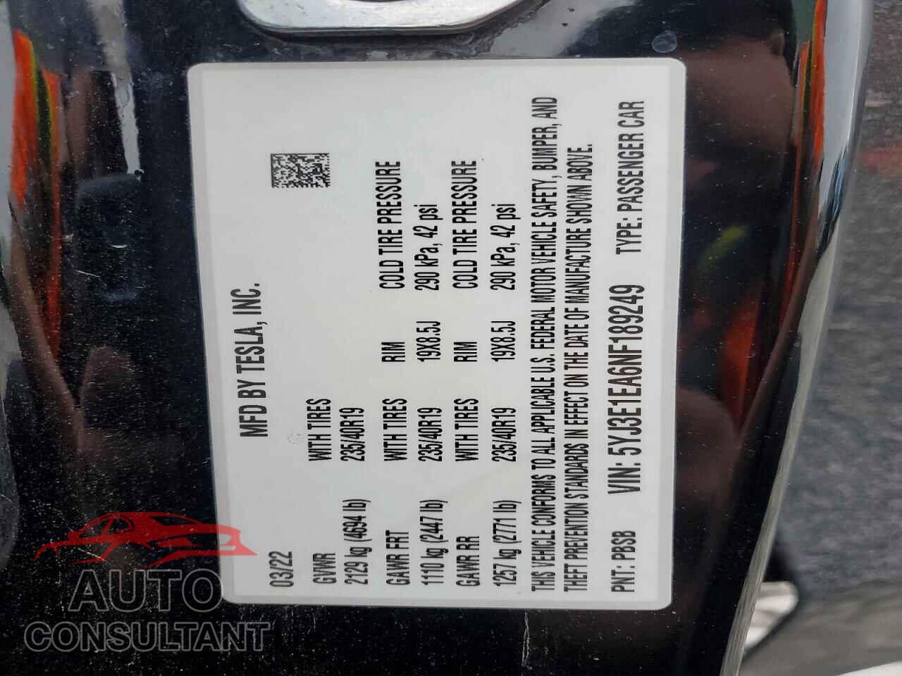 TESLA MODEL 3 2022 - 5YJ3E1EA6NF189249