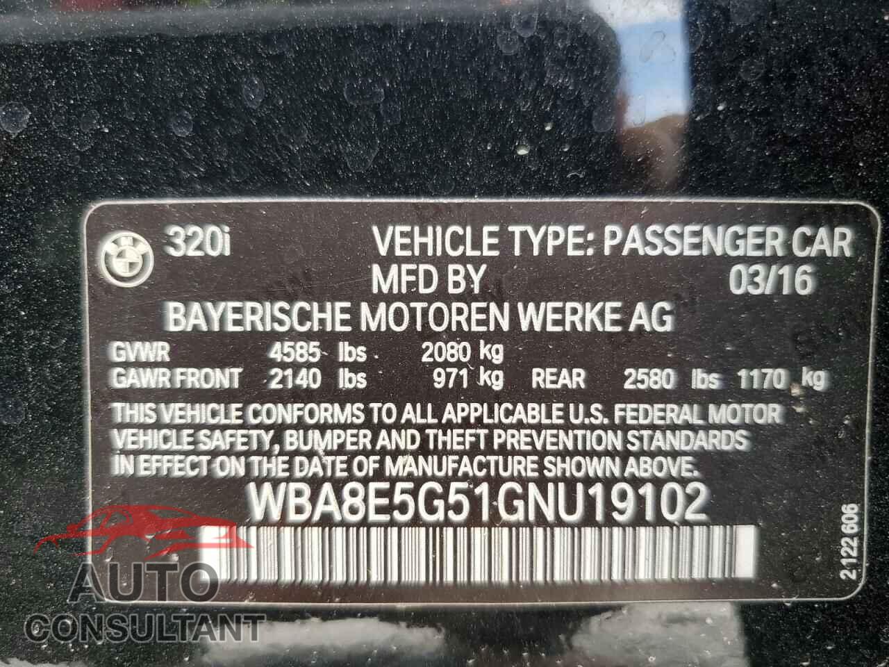 BMW 3 SERIES 2016 - WBA8E5G51GNU19102