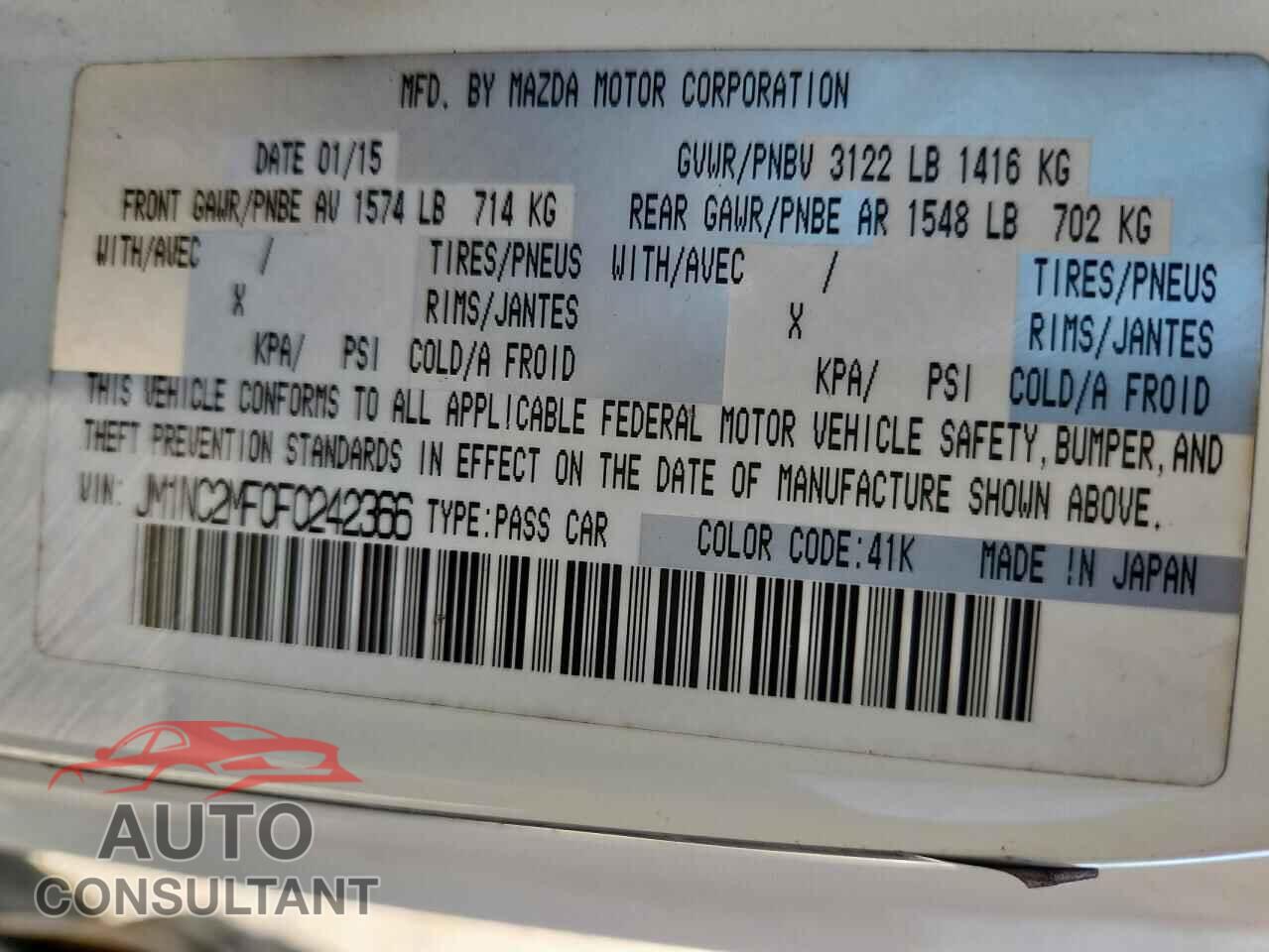 MAZDA MX5 2015 - JM1NC2MF0F0242366