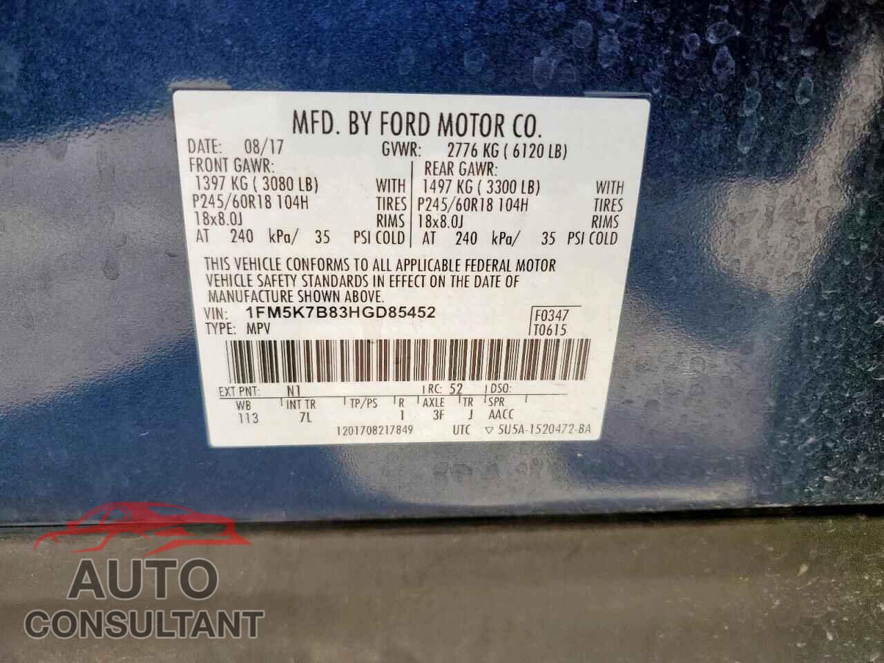 FORD EXPLORER 2017 - 1FM5K7B83HGD85452