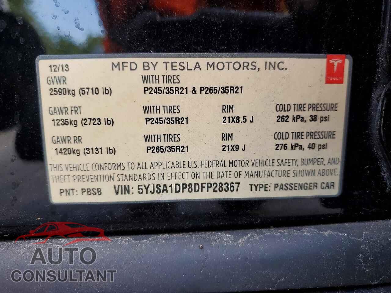 TESLA MODEL S 2013 - 5YJSA1DP8DFP28367