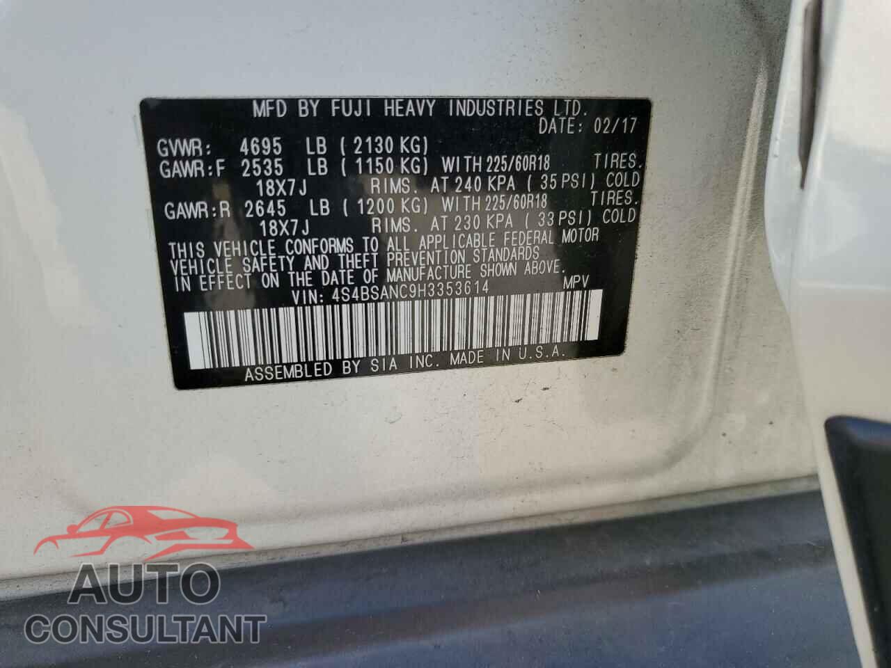 SUBARU OUTBACK 2017 - 4S4BSANC9H3353614