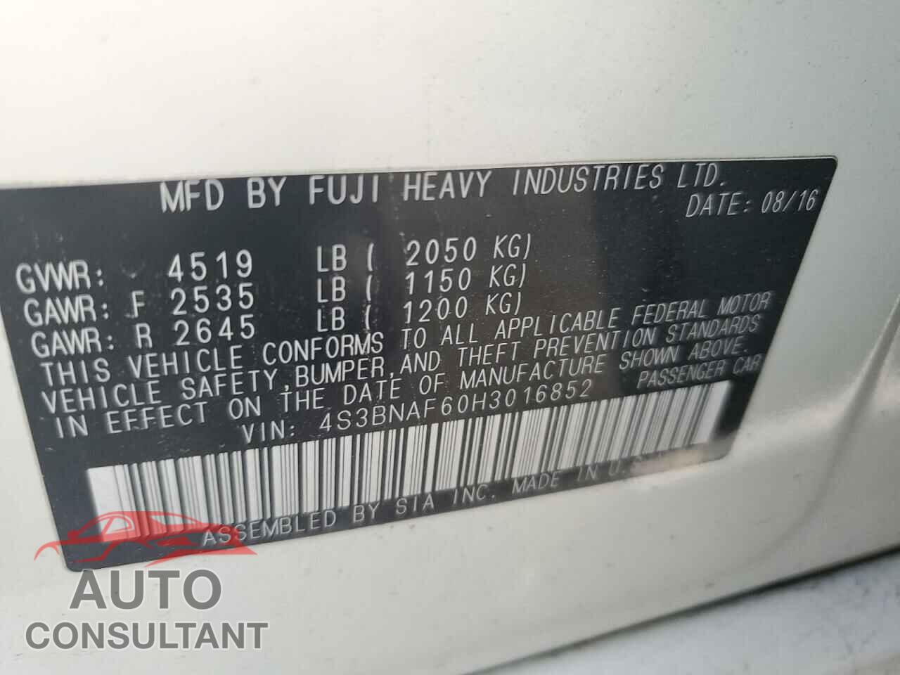 SUBARU LEGACY 2017 - 4S3BNAF60H3016852