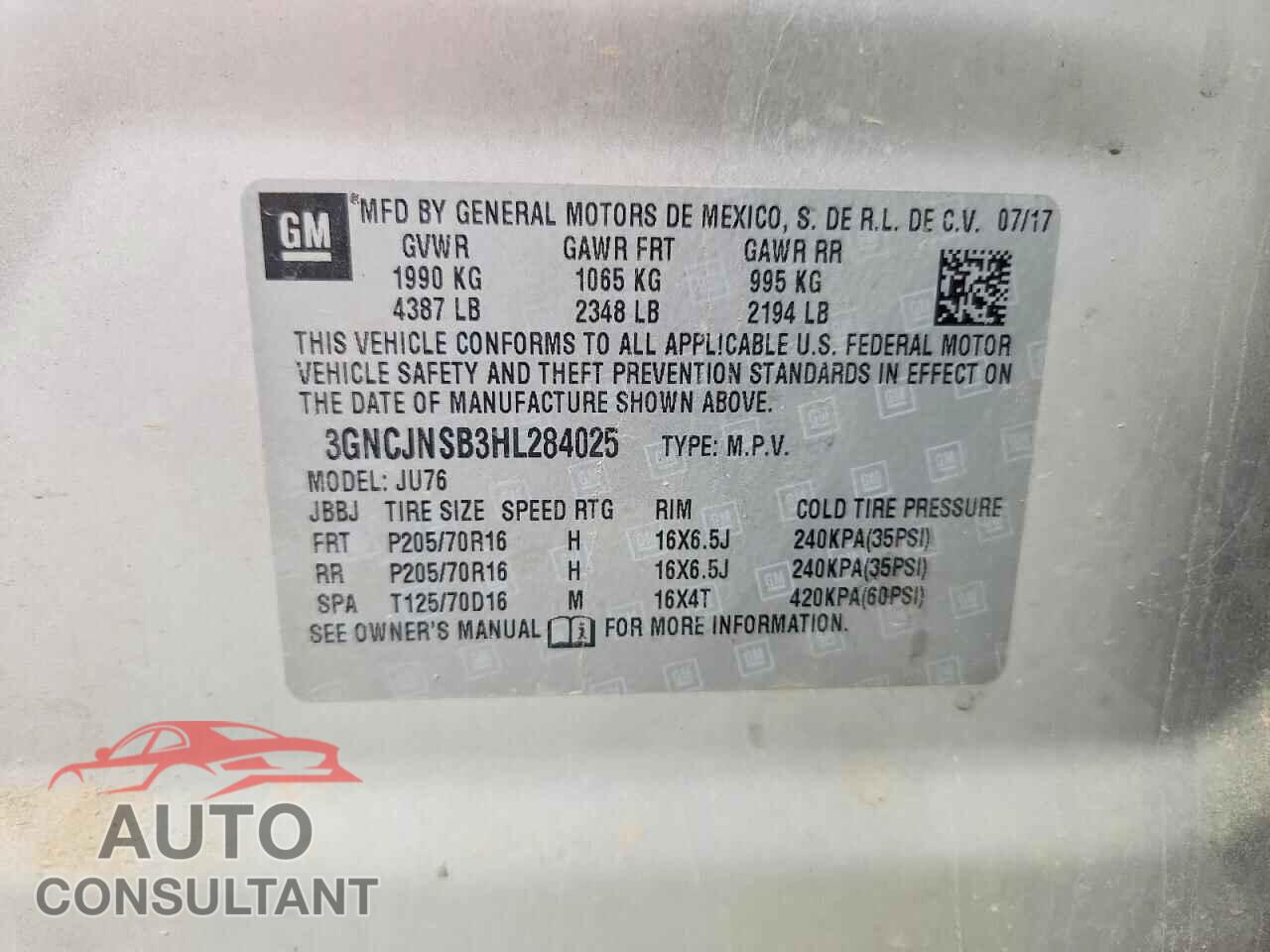 CHEVROLET TRAX 2017 - 3GNCJNSB3HL284025