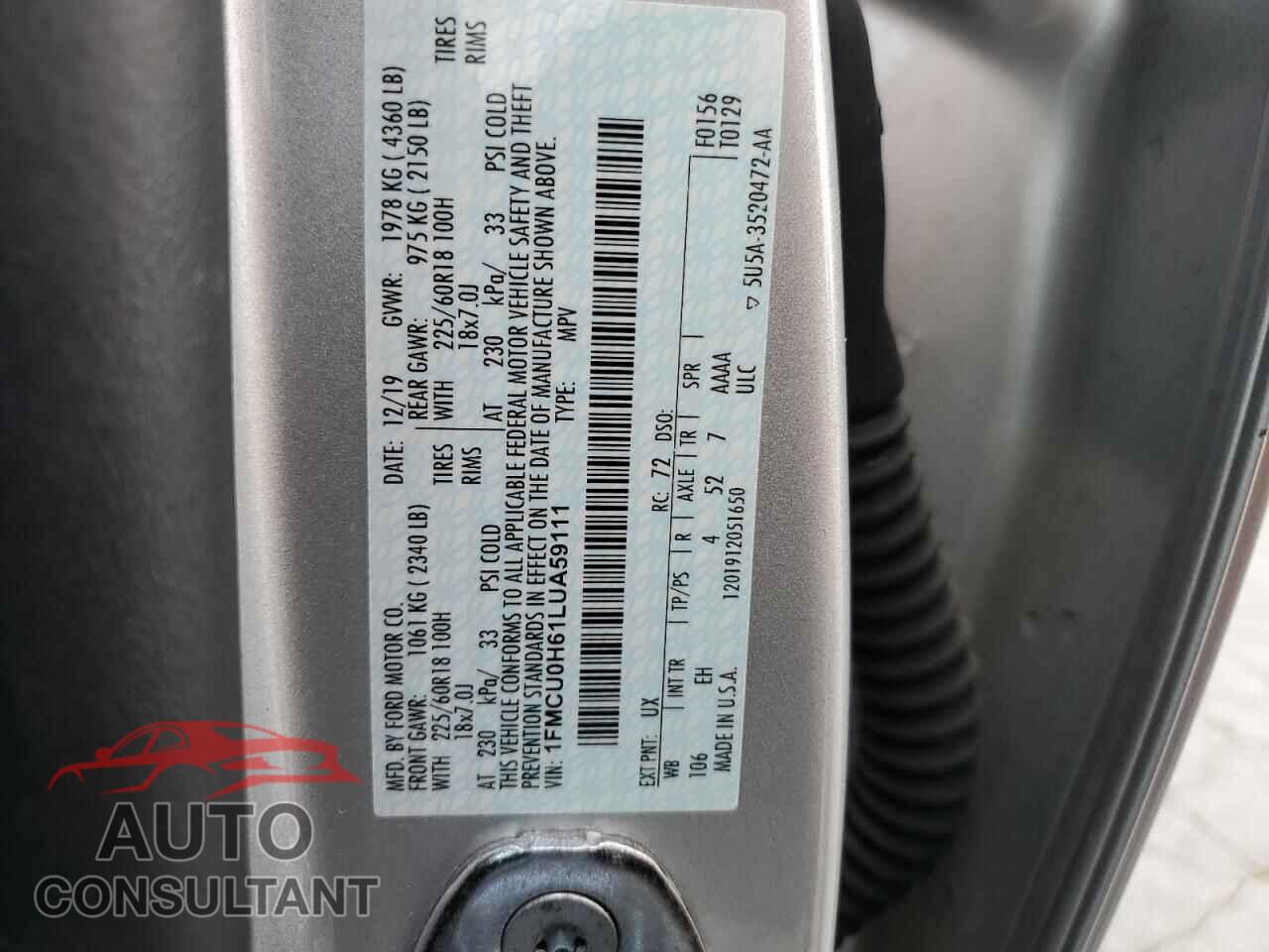 FORD ESCAPE 2020 - 1FMCU0H61LUA59111