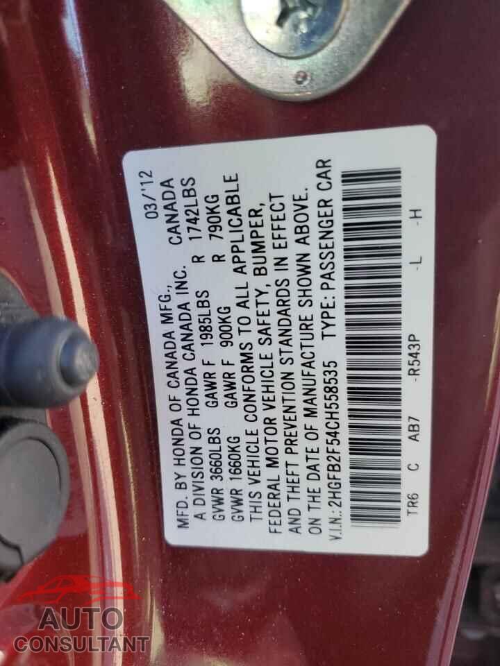 HONDA CIVIC 2012 - 2HGFB2F54CH558535