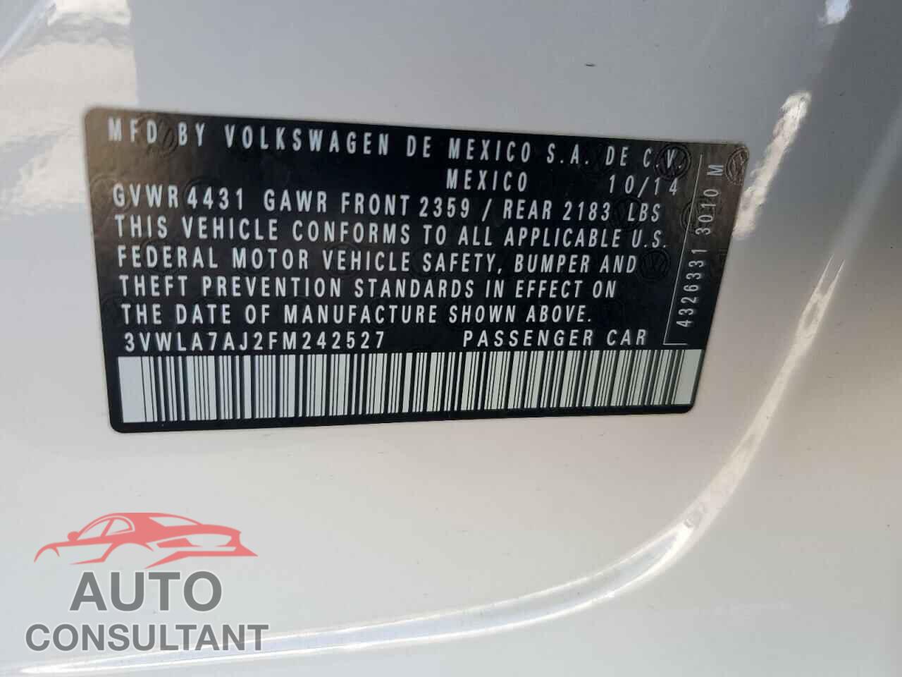 VOLKSWAGEN JETTA 2015 - 3VWLA7AJ2FM242527