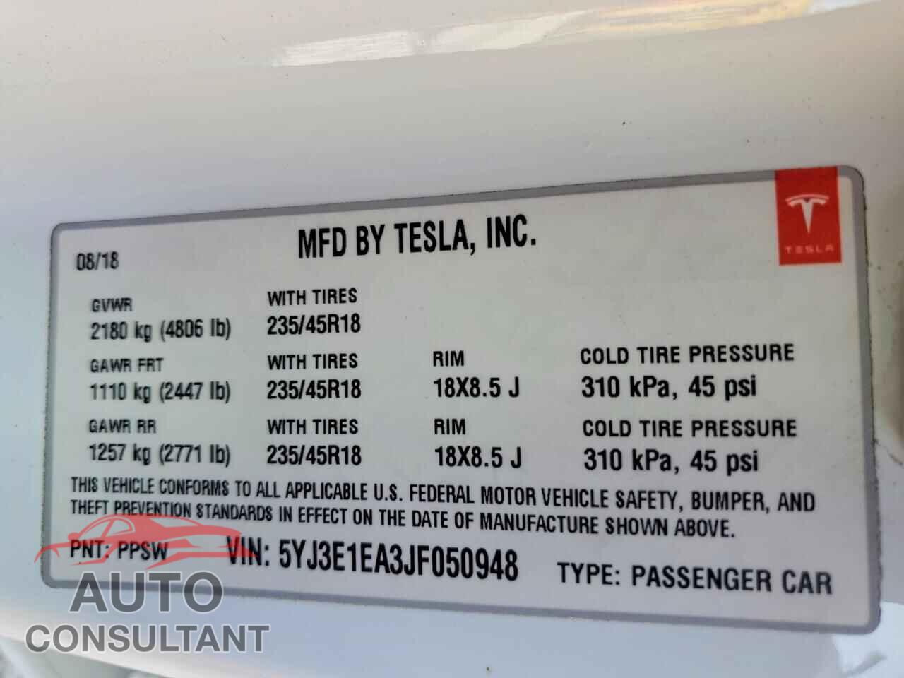 TESLA MODEL 3 2018 - 5YJ3E1EA3JF050948