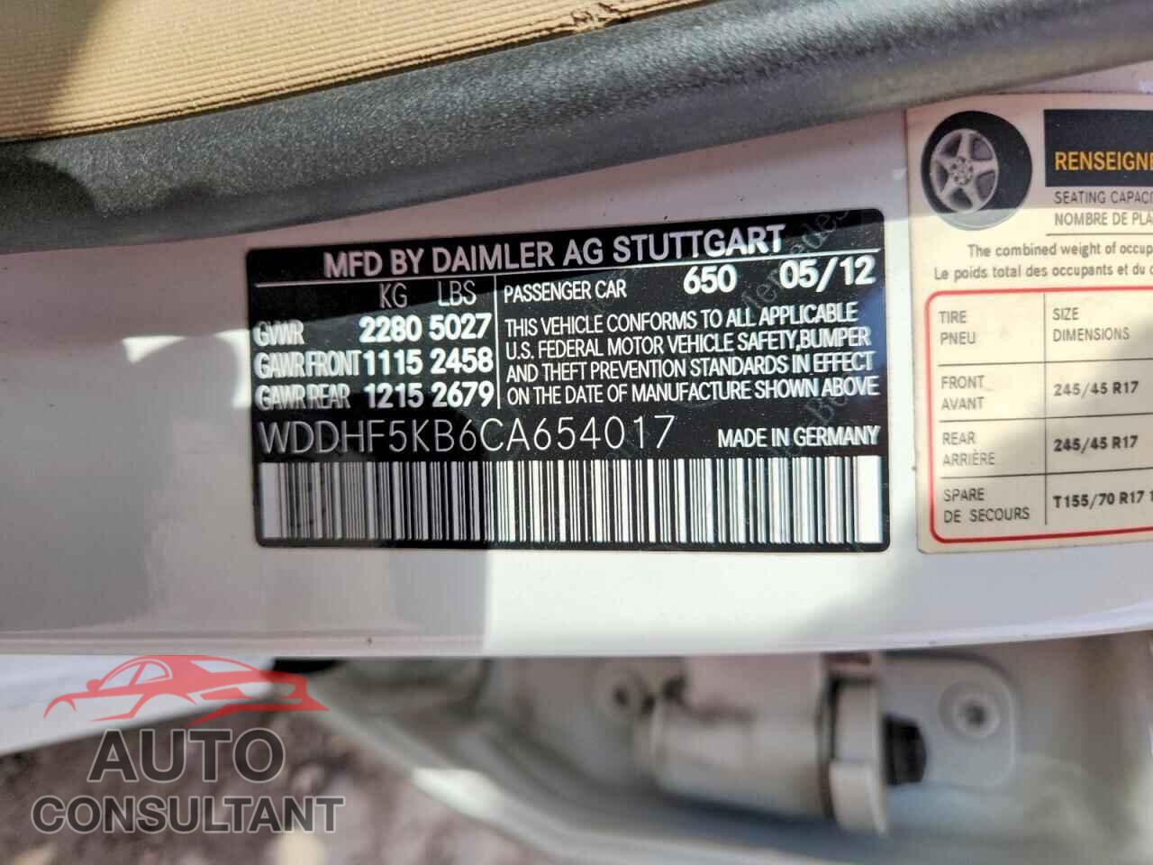 MERCEDES-BENZ E-CLASS 2012 - WDDHF5KB6CA654017