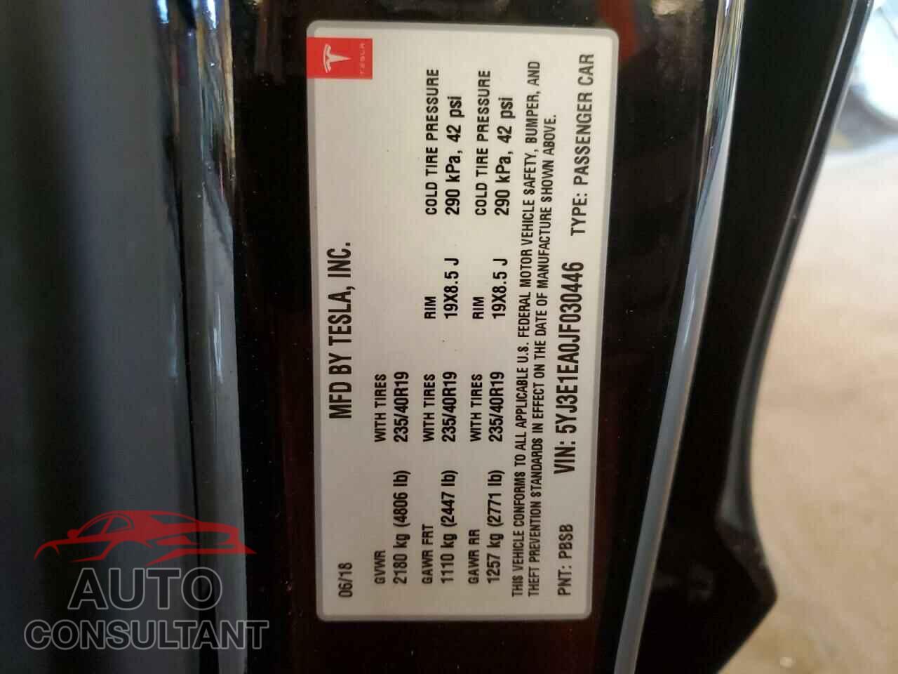 TESLA MODEL 3 2018 - 5YJ3E1EA0JF030446