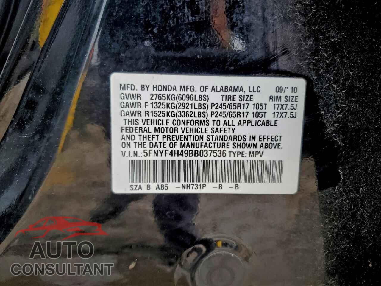 HONDA PILOT 2011 - 5FNYF4H49BB037536