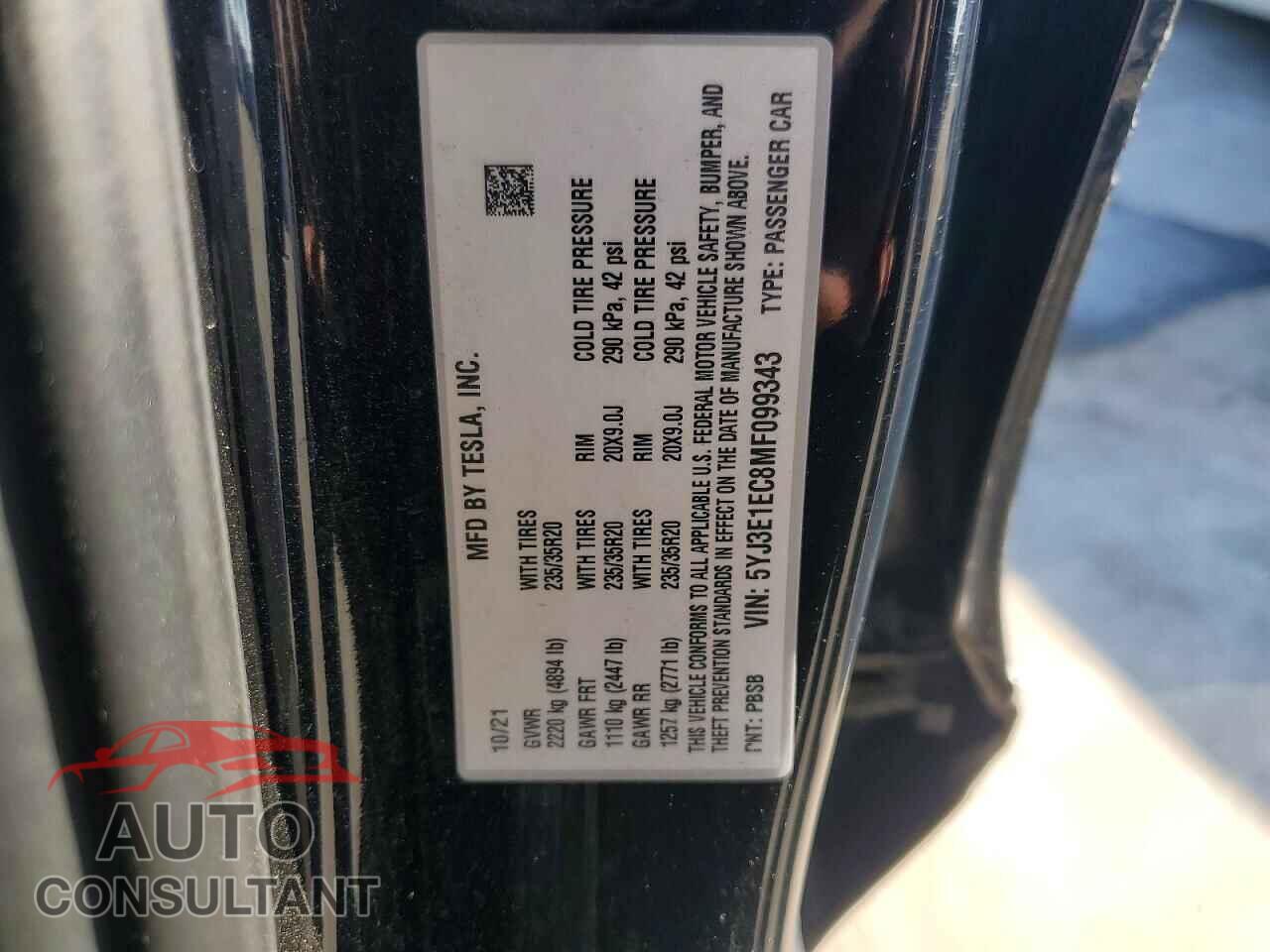 TESLA MODEL 3 2021 - 5YJ3E1EC8MF099343