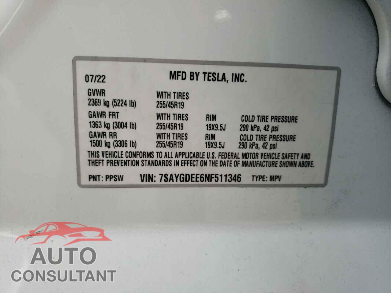 TESLA MODEL Y 2022 - 7SAYGDEE6NF511346