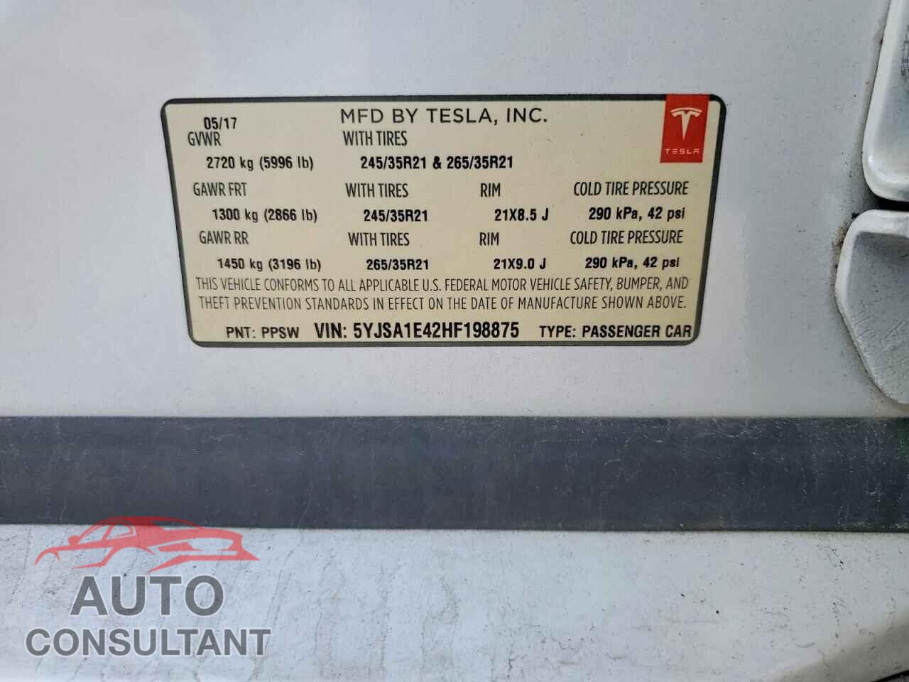 TESLA MODEL S 2017 - 5YJSA1E42HF198875