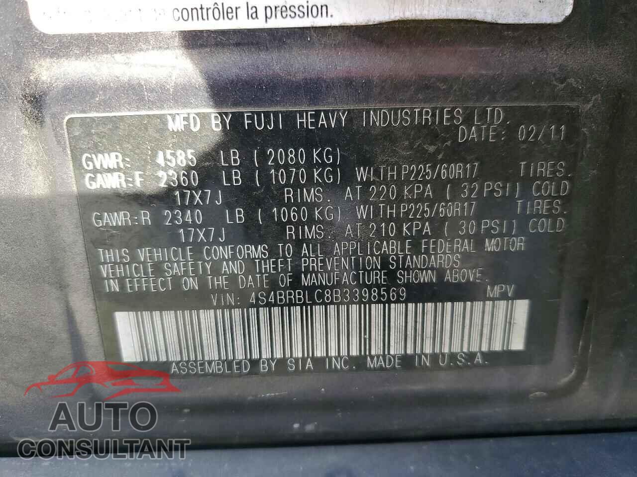 SUBARU OUTBACK 2011 - 4S4BRBLC8B3398569
