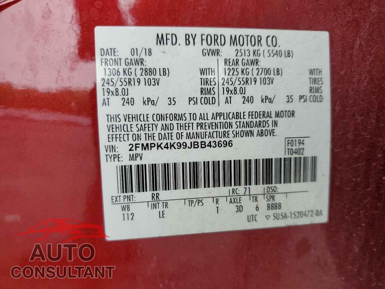 FORD EDGE 2018 - 2FMPK4K99JBB43696