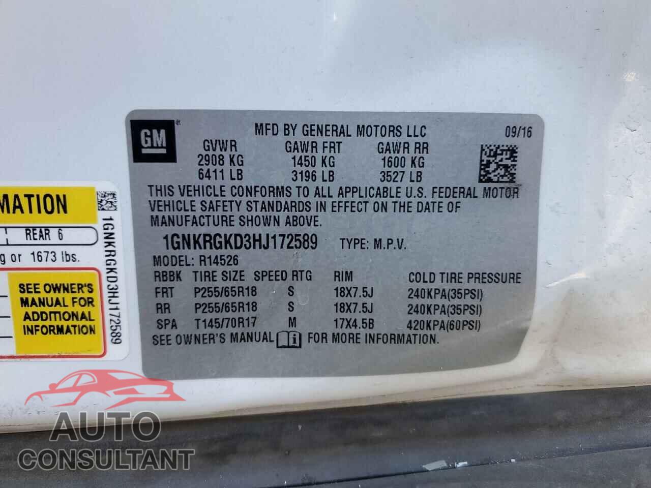 CHEVROLET TRAVERSE 2017 - 1GNKRGKD3HJ172589